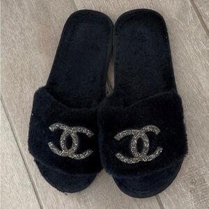 Chanel Black Fuzzy Slides with silver druzy CC emblem